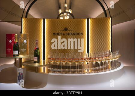 Degustazione dopo un tour guidato, Champagne Rose e Imperial Brut, bicchieri pieni, logo, lettere, sede del marchio di champagne Moet & Chandon Foto Stock
