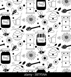 Miele e apicoltura senza cuciture. Illustrazione della linea grafica vettoriale. Perfetto per carte, decorazioni, adesivi, logo, menu, vari design. Colori Illustrazione Vettoriale