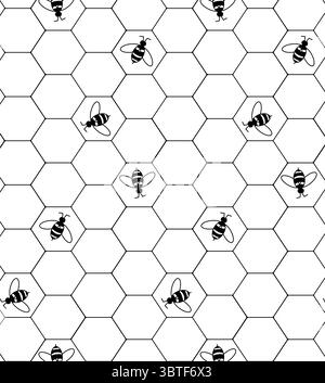 Simbolo miele alveare con celle a griglia esagonali e motivo senza cuciture delle api. Illustrazione della linea grafica vettoriale. design per grafica di moda, stampe tessili, fa Illustrazione Vettoriale