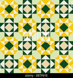 Stile patchwork girasoli stilizzati, motivo geometrico, pattern ripetuti senza cuciture, stile vettoriale, forme semplici, blocchi di trapunte a colori piatti, d. retro Illustrazione Vettoriale