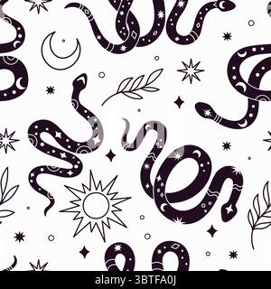Motivo mistico serpente senza cuciture. I serpenti boho hanno silhouette con simboli magici, occulti alla moda ed elementi esoterici. Tessuto, carta da imballaggio, carta da parati Illustrazione Vettoriale