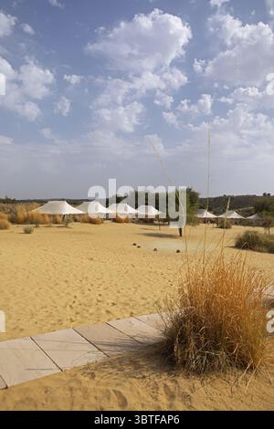 Campo nel deserto o campo tendato nel deserto del Thar o nel grande deserto indiano, vicino a Jaisalmer, Rajasthan, India Foto Stock