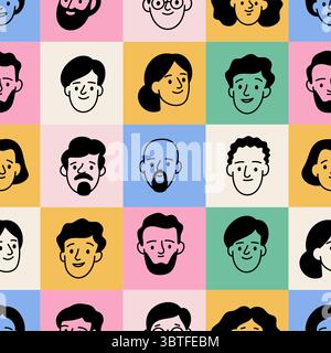 Doodle People pattern senza soluzione di continuità. Personaggi umani disegnati a mano, avatar a colori ripetuti, divertenti ritratti di colleghi. Tessuto, carta da imballaggio, carta da parati Illustrazione Vettoriale