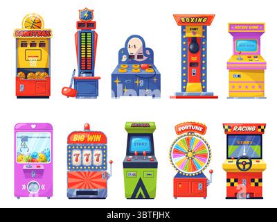 Macchine per videogiochi a cartoni animati retrò. Il vecchio computer che gioca automatizza, diversi tipi di gioco d'azzardo e divertimento, mini simulatori. Sala giochi vintage Nostalgia Illustrazione Vettoriale