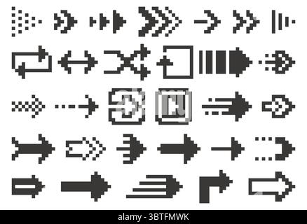 Frecce nere a 8 bit. Cursori di pixel art rétro, icone di navigazione, risorse di gioco arcade, grafica computerizzata, puntatori quadrati. Interfaccia interattiva, business Illustrazione Vettoriale