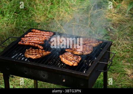 Bistecche di maiale grigliate e salsicce sfrigolanti sui carboni su un barbecue nel cortile erboso Foto Stock