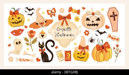 Collezione vettoriale di Coquette Halloween con zucche pastello, cappelli da strega, gatto nero, fiocchi, caramelle, fiori ed elementi spaventosi e carini in un'estetica femminile Illustrazione Vettoriale
