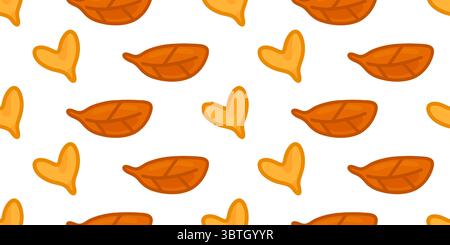 Motivo senza cuciture foglia arancione autunnale. Graziose foglie autunnali in stile cartoni animati ed elementi a forma di cuore in caldi colori arancio e giallo. Illustrazione piatta, SEA Illustrazione Vettoriale