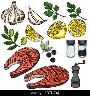 Deliziosa illustrazione vettoriale di bistecche di salmone alla griglia, limoni, aglio, olive, prezzemolo, foglie di alloro, grani di pepe, shaker di sale e pepe e un pepe Illustrazione Vettoriale