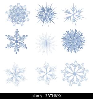 Un'illustrazione vettoriale con nove disegni unici di fiocchi di neve in delicate sfumature azzurre, che mostrano dettagli complessi e vari motivi geometrici, Illustrazione Vettoriale