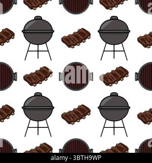 Motivo vettoriale senza cuciture con illustrazioni disegnate a mano di griglie per barbecue e deliziose costolette grigliate, perfetto per i design a tema estivo e per il cibo Illustrazione Vettoriale