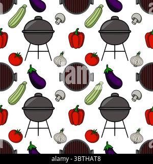 Modello vettoriale senza cuciture di una griglia a carbone con verdure diverse come melanzane, zucchine, pomodori, peperoni, funghi, e cipolle, perfette per la somma Illustrazione Vettoriale
