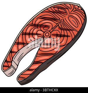 Illustrazione vettoriale di una bistecca di salmone grigliata, che mostra disegni dettagliati e vivaci sfumature arancioni, ideale per design culinari e proje legati al cibo Illustrazione Vettoriale