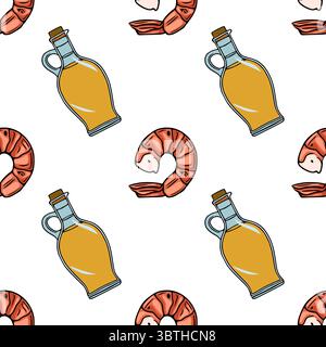 Motivo vettoriale senza cuciture di gamberetti e bottiglie di olio d'oliva trafilati a mano, caratterizzato da un vivace stile pop art con contorni audaci e colori ricchi, ideale per M. Illustrazione Vettoriale