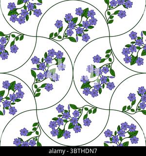 Motivo vettoriale senza cuciture di delicati fiori periwinkle disposti in eleganti linee curve all'interno di cornici circolari, per creare un sofisticato design floreale Illustrazione Vettoriale