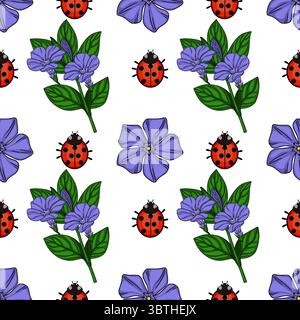 Motivo vettoriale senza cuciture con vivaci fiori viola periwinkle e coccinelle dettagliate, per un allegro design a tema primaverile perfetto per textil Illustrazione Vettoriale
