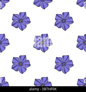 Motivo vettoriale senza cuciture di fiori perivinici stilizzati in vivaci tonalità viola, perfetto per il design tessile o per progetti a tema primaverile. Illustrazione Vettoriale