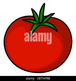 Una vivace illustrazione vettoriale di un singolo pomodoro rosso maturo con un dettagliato stelo verde, che mostra uno stile cartoni animati audace e semplicistico perfetto per il culin Illustrazione Vettoriale
