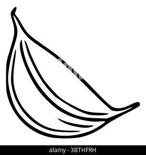 Illustrazione vettoriale di un singolo spicchio d'aglio, disegnato a mano con un audace contorno nero, che mostra la sua forma curva e la texture segmentata. Illustrazione Vettoriale