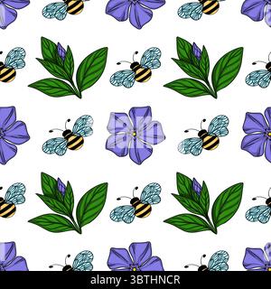 Motivo vettoriale senza cuciture con illustrazioni disegnate a mano di vivaci fiori viola periwinkle, foglie verdi lussureggianti e api da miele affollate in un allegro, Illustrazione Vettoriale