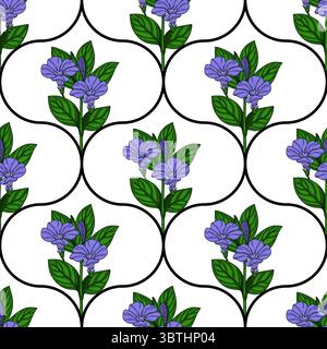 Motivo vettoriale senza cuciture con fiori e foglie di perigola stilizzati, disposti in un design ripetuto su sfondo bianco, caratterizzato da un cur unico Illustrazione Vettoriale