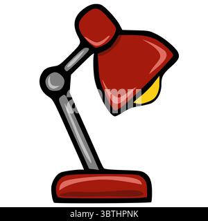 Una vivace illustrazione vettoriale di una lampada da tavolo rossa con una lampadina gialla che mostra uno stile cartoonish e contorni audaci. Illustrazione Vettoriale