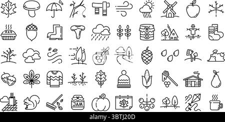 Set di 50 icone lineari a tema autunnale, tra cui foglie, cibo, animali e natura. Traccia modificabile. Adatto per design autunnale, packaging, app e Web. Illustrazione Vettoriale