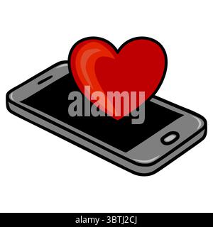 Immagine vettoriale di uno smartphone con un cuore rosso che si libra sopra, simboleggia l'amore online, la connessione o il coinvolgimento dei social media. Illustrazione Vettoriale