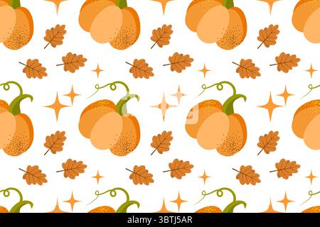 Dessert autunnali con motivo piatto e senza cuciture. Latte di zucca e cupcake con consistenza vettoriale. Cappuccino, torta e foglie sullo sfondo. Cibo della stagione autunnale Illustrazione Vettoriale