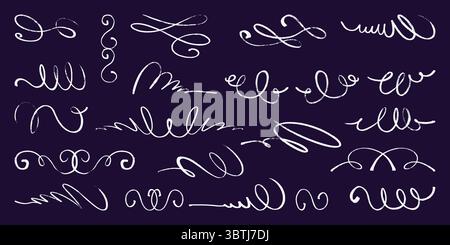 Collezione White Squiggle Pencil Line Collection. Scarabocchio sottile di tratti astratti disegnati a mano. Macchie di granulosità Illustrazione Vettoriale