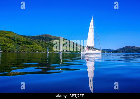 Uno yacht che naviga sul Kyles di Bute nel Firth of Clyde, Scozia Foto Stock