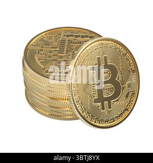 Una pila di bitcoin dorati appoggiati su sfondo trasparente 3d. Foto Stock