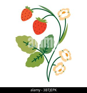 Delizioso cespuglio di fragole con fiori, foglie e frutti di bosco. Pianta colorata con graziosi schizzi di linee di rami isolati su sfondo bianco. Erbe naturali Illustrazione Vettoriale