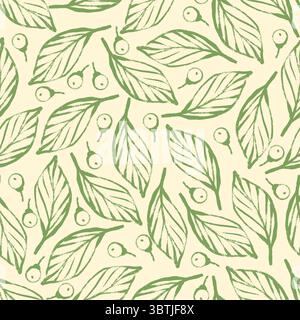 Motivo senza cuciture con foglie su sfondo verde. Fresco stile tropicale. Design naturale senza cuciture. Illustrazione degli alimenti biologici Illustrazione Vettoriale