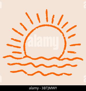 Disegno a mano del sole estivo vettoriale, illustrazione del sole in stile pastello e gesso, allegro design solare perfetto per i temi estivi e delle vacanze Illustrazione Vettoriale