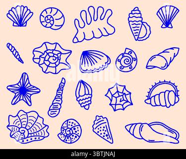 Illustrazione vettoriale disegnata a mano di conchiglie e stelle marine, collezione di conchiglie marine, kit marino da viaggio estivo. Set di conchiglie sottomarine, profilo doodle Illustrazione Vettoriale
