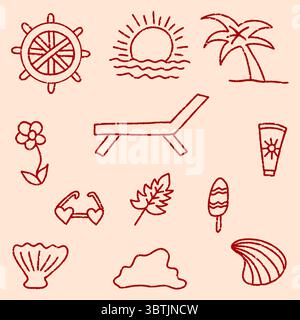 Elementi della spiaggia estiva con illustrazione vettoriale in stile doodle, elementi delle vacanze estive, grazioso set di illustrazioni natalizie, icone della linea doodle Illustrazione Vettoriale