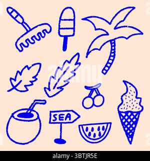 Tropical Summer Vacation Doodle Vector Set con Crayon Sketch Beach Scenes e Holiday Fun, Summer Beach Doodle Illustrazione Vettoriale