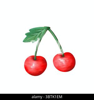 Ciliegie mature fresche con steli verdi che dipingono sfondo isolato. Bacche rosse succose, dolci e vivaci Foto Stock