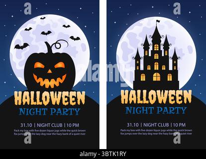 Set di modelli di invito per la festa di Halloween. Illustrazione vettoriale. Zucca, Casa infestata, Luna piena. Illustrazione Vettoriale
