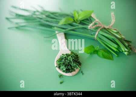 Condimenti naturali da verdure e cipolle su sfondo verde. Foto Stock
