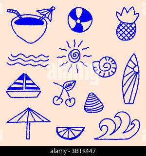 Vettoriale disegnato a mano sulla spiaggia estiva con elementi per le vacanze divertenti e icone del mare tropicale in stile Crayon Illustrazione Vettoriale