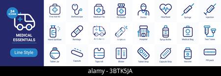 Le icone mediche essenziali mostrano l'assistenza sanitaria, il trattamento e il pronto soccorso in una semplice linea blu che illustra gli articoli medici vitali. Illustrazione Vettoriale