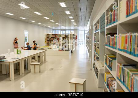 Moderna biblioteca interna con scaffali e area studio. La gente è nella biblioteca di Stoccarda. Biblioteca pubblica di Stoccarda. Una grande biblioteca a Stoccarda. Foto Stock