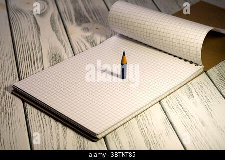 Blocco note vuoto aperto con fogli a scacchi e matita blu con sfondo didattico di cancelleria a luce crepuscolare Foto Stock