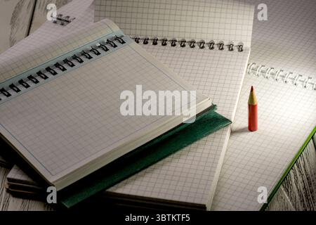 Blocchi appunti vuoti aperti con fogli a scacchi con matita rossa in carta di cancelleria al crepuscolo Foto Stock