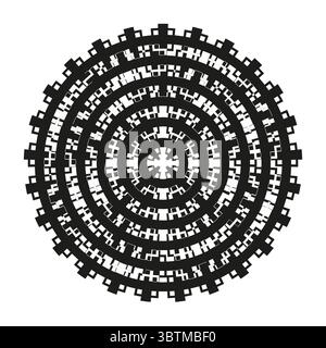 Ripetizione circolare astratta. Forme radiali geometriche. Sfondo vettoriale monocromatico. Immagine dell'illusione ottica. Illustrazione Vettoriale