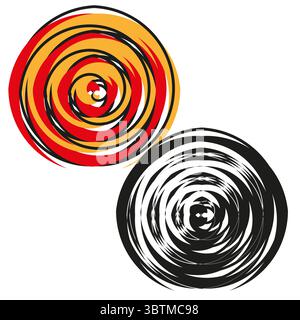 Gruppo di cerchi a spirale. Forme dinamiche astratte. Elementi vettoriali colorati. Grafica grunge texture. Illustrazione Vettoriale