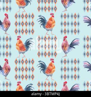 Agitatori ad acquerello e diamanti geometrici minimalisti, stile scandinavo, motivo senza cuciture isolato. Cockerel folk ripetuti di sfondo per nordici Foto Stock