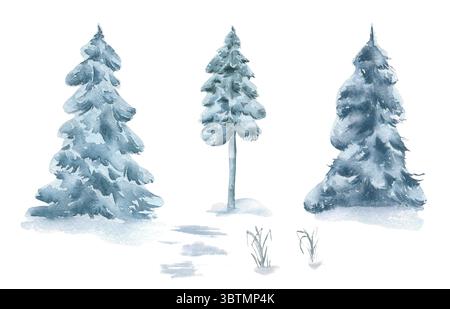 Acquerello della foresta invernale con alberi isolati. Alberi di Natale in morbide tonalità monocromatiche disegnati a mano. Pini dai colori nebbia pallidi. Abete sotto la neve Foto Stock